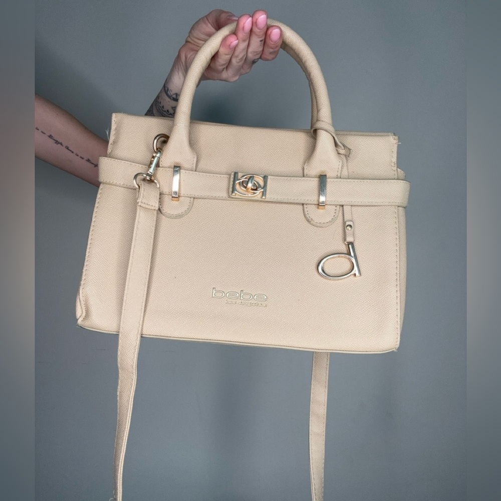 Bebe Beige Satchel with Gold Accents